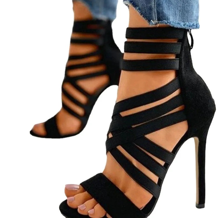 Women's Sandals Elastic Band Cross High Heels Sexy Peep Toe Pumps Summer New Back Zipper Sandals Black Pointed Toe Women Shoes