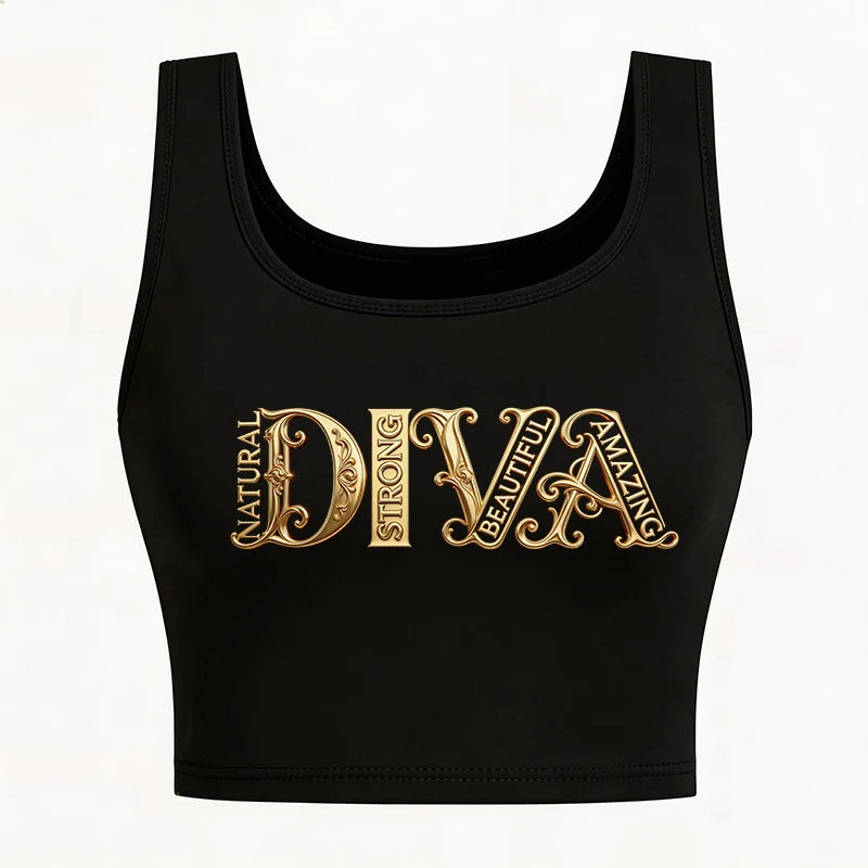 Diva Letter Print Crew Neck Tank Tops Casual Sleeveless Vset T Shirt for Summer Women's Sexy Clothing Girls