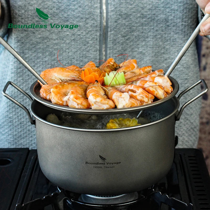 Boundless Voyage Camping Cooking Pot Multifunctional Titanium Steamer Soup Pot Frying Pan Set with Lid Outdoor Mess Kit Ti2057C