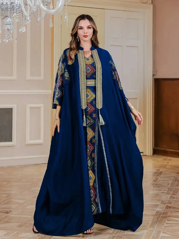 Eid Muslim 2 Piece Set Women Embroidery Dresses Open Abaya Suit Jalabiya Ramadan Dubai Kaftan Party Vestidos Cardigan Robe 2025