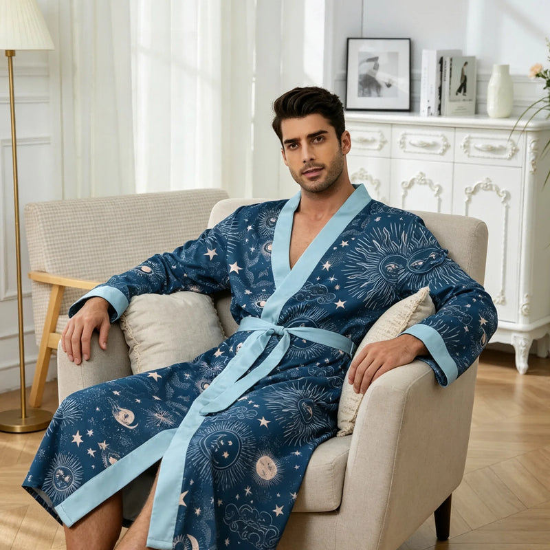 Men's lightweight quick-drying pajama bathrobe - 3D digital printing, non-fading design, stand-up collar and adjustable waistban