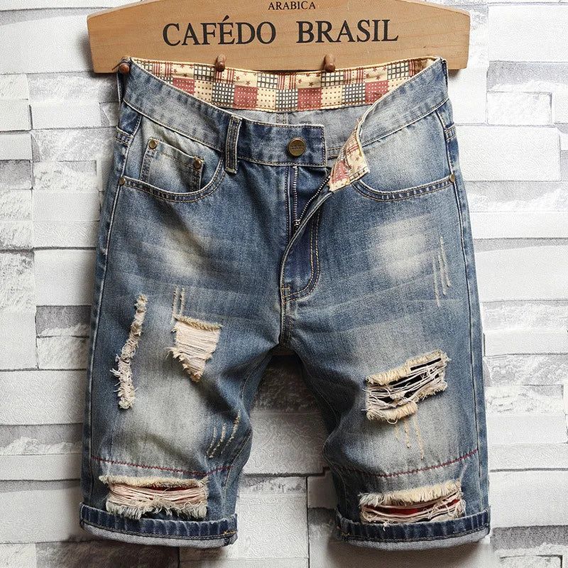 New Large Size Denim Shorts Retro Ripped Slim Men's Five | SAMAG