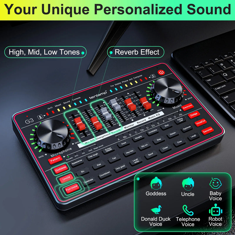 Tenlamp G3 Podcast Equipment Bundle Kit, Studio Sound Card Audio Mixer with Dynamic Condenser Wireless Mic, DJ Mixing Station Voice Changer for PC Smartphone Gaming Streaming Singing Recording YouTube