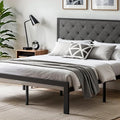 HOOMIC Metal Bed Frame with Upholstered Finely Stitched Headboard, Linen Fabric, Sturdy Foundation, No Box Spring Needed