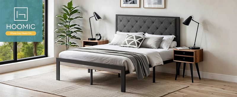 HOOMIC Metal Bed Frame with Upholstered Finely Stitched Headboard, Linen Fabric, Sturdy Foundation, No Box Spring Needed