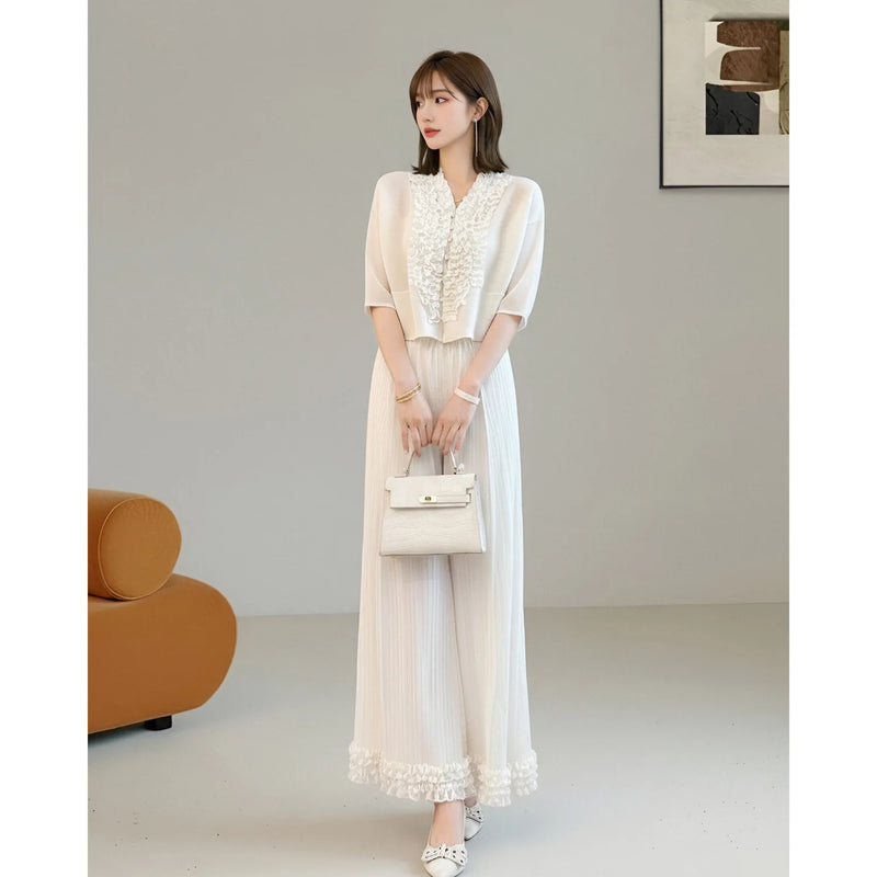 Miyake Pleated Women's Suit 2026 Autumn New V-neck Earring Shirt Top Wide-leg Pants Two-piece Set
