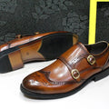 Men's Leather Loafers Double Buckle Monk Strap Handmade Dress Shoes Wingtip Pointed Toe Brogue Wedding Office Business Shoes
