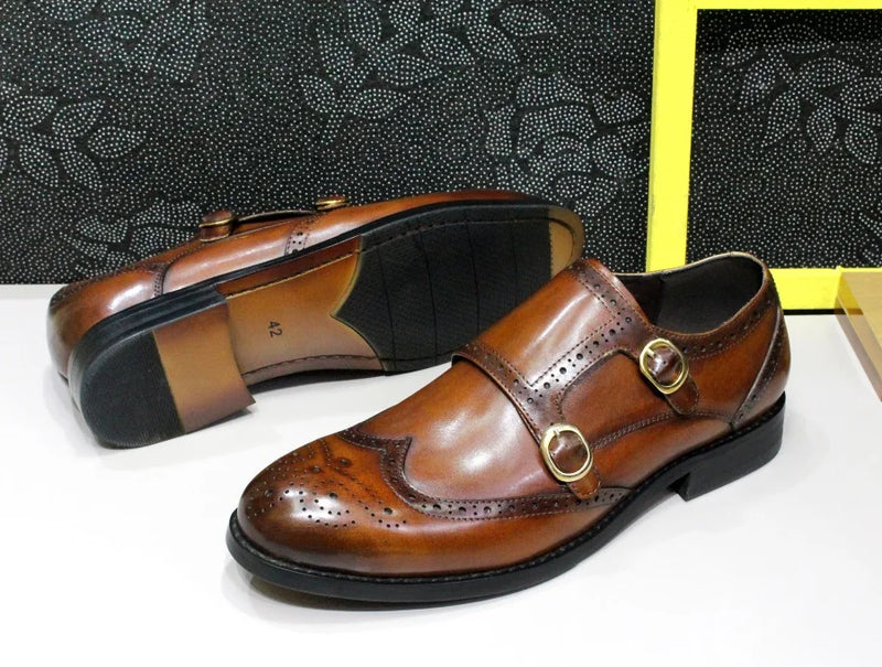 Men's Leather Loafers Double Buckle Monk Strap Handmade Dress Shoes Wingtip Pointed Toe Brogue Wedding Office Business Shoes