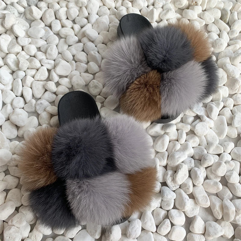 Fur Slides Factory Supply Mixed Color Pom Pom Six Balls Fox Fur Multi-Color Fluffy Fur Slippers For Women
