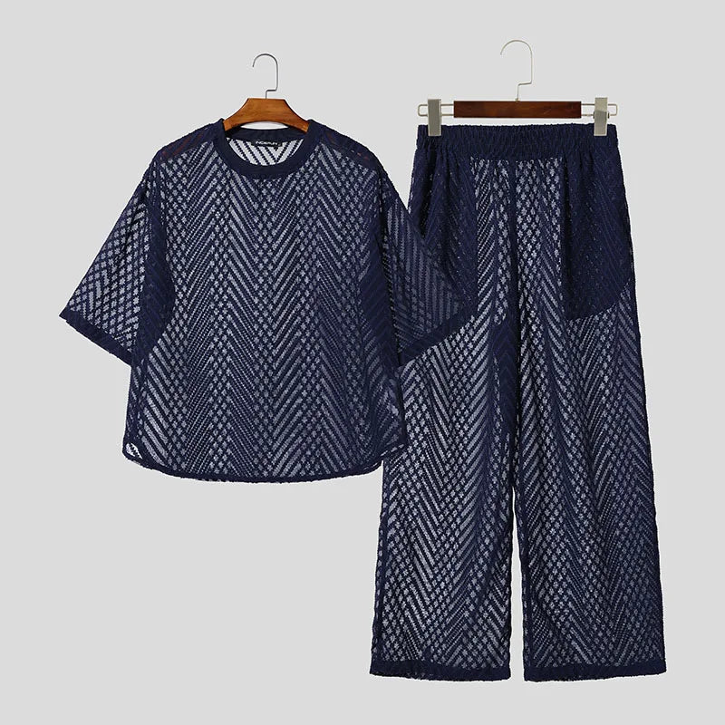 INCERUN Men's Sets See Through Mesh Short Sleeve T Shirt Pants Two Piece Streetwear Sexy Matching - View 8 | SAMAG