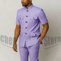 Men's Grey Mandarin Collar Suit Set Short Sleeves Multi-Pocket Jacket and Trousers Fashion Formal Smart Casual Wedding Suits