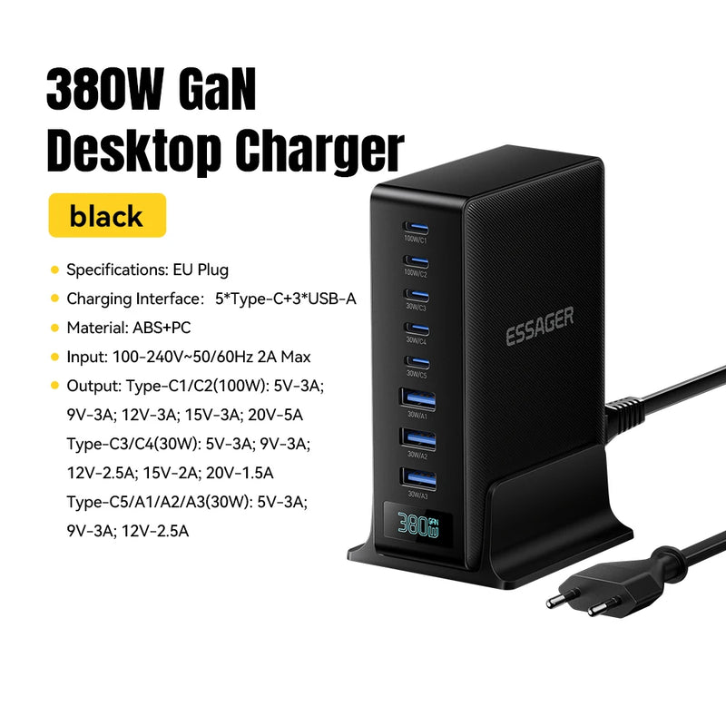 Essager 380W GaN Fast Charging Charger Stand 8-in-1 Desktop Laptop Charging Dock for iPhone 17/16/15 pro Max MacBook Air Xiaomi