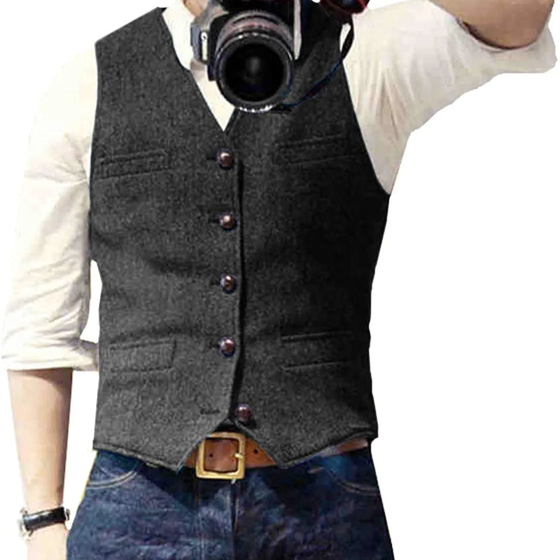 V Neck Men's Suits Vest Casual Classic Formal Business Herringbone Tweed Slim Fit Waistcoat For Wedding Groomsmen