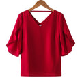 Women Chiffon Short Sleeve Shirt Sexy V-neck Loose Ruffled Chiffon Blouse.