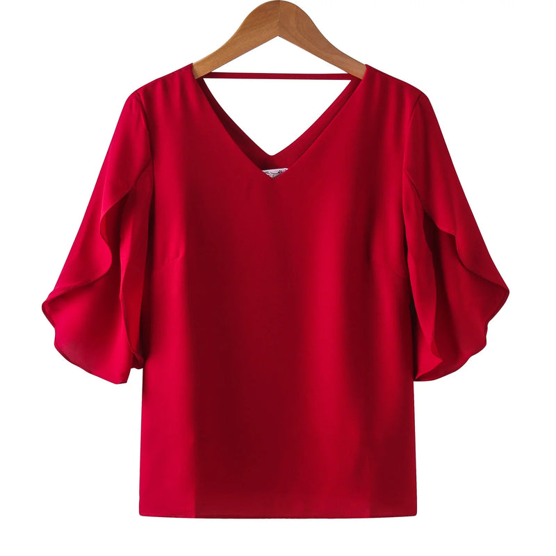 Women Chiffon Short Sleeve Shirt Sexy V-neck Loose Ruffled Chiffon Blouse.