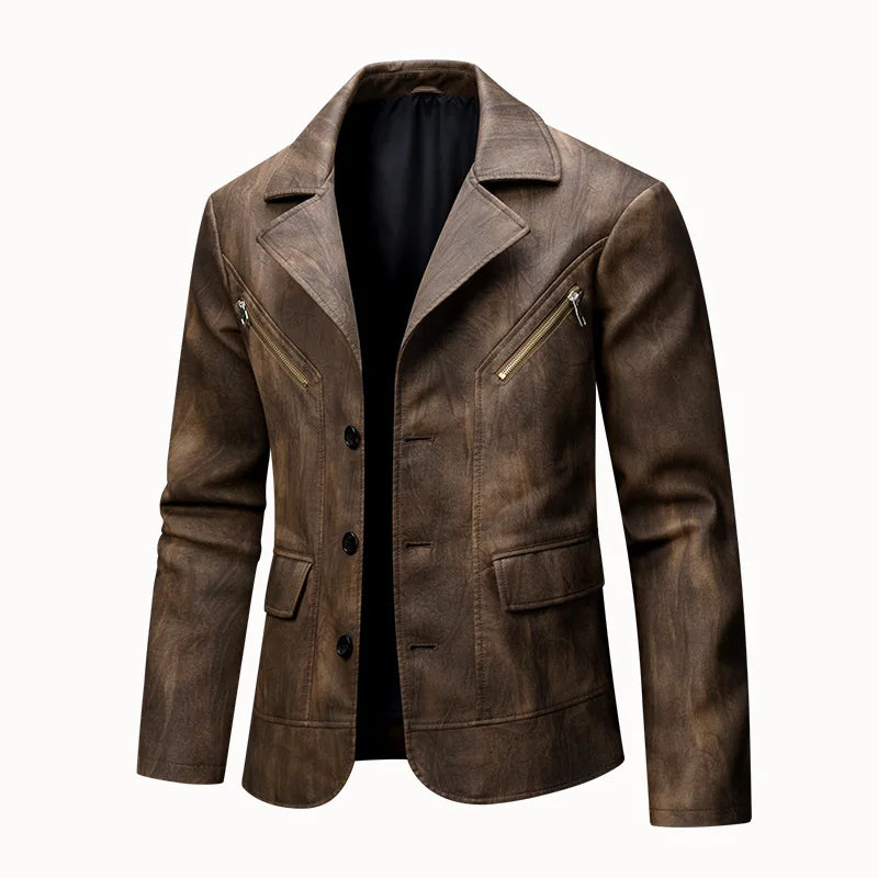Men's Brown PU Jackets with Lapels for Fall and Winter, Dark Gray Faux Leather Coats for Spring, European Sizes S–XXXL.