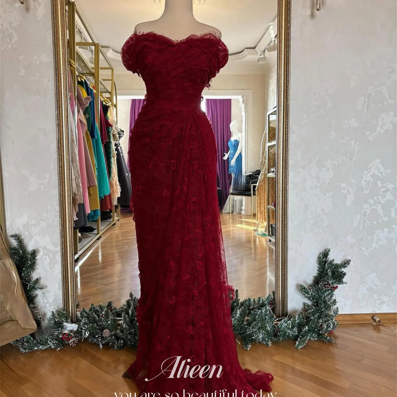 Aileen Burgundy Lace Off Shoulder Evening Dress Short | SAMAG