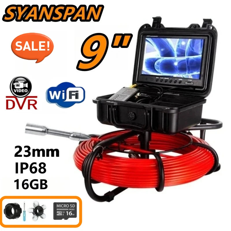 9" DVR 16GB SYANSPAN Pipe Inspection Camera  23mm Lens 12 LEDs IP68 Video Camera Drain Sewer Pipeline Industrial Endoscope