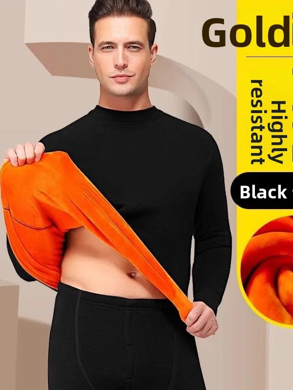 Thickened Fleece Warm Underwear Set Men's Pure Cotton Half High Collar Cotton Sweater Middle Aged Gold Velvet Autumn Clothes