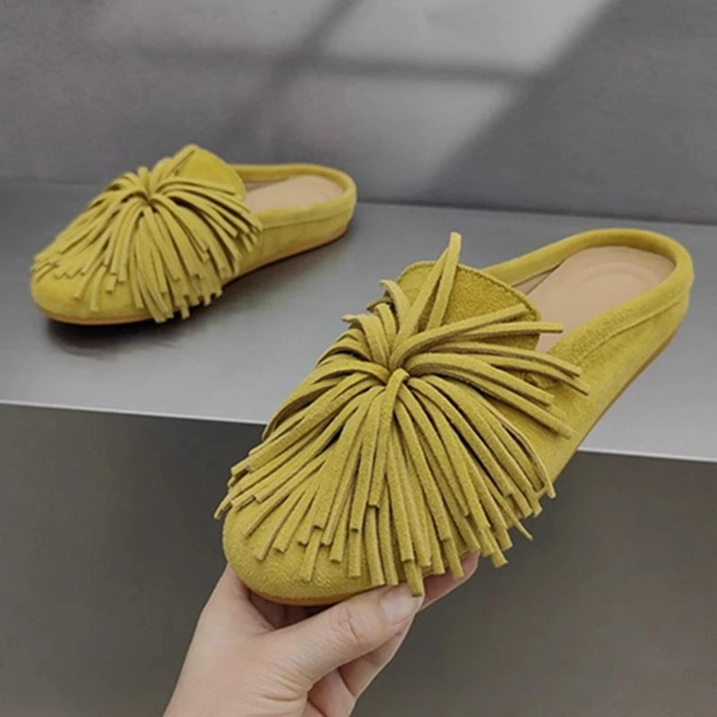 DIMANYU Women's Mules Shoes Genuine Leather 2026 New  Women Slippers Flat Tassel Closed-Toe Female Large Size Slippers Women 