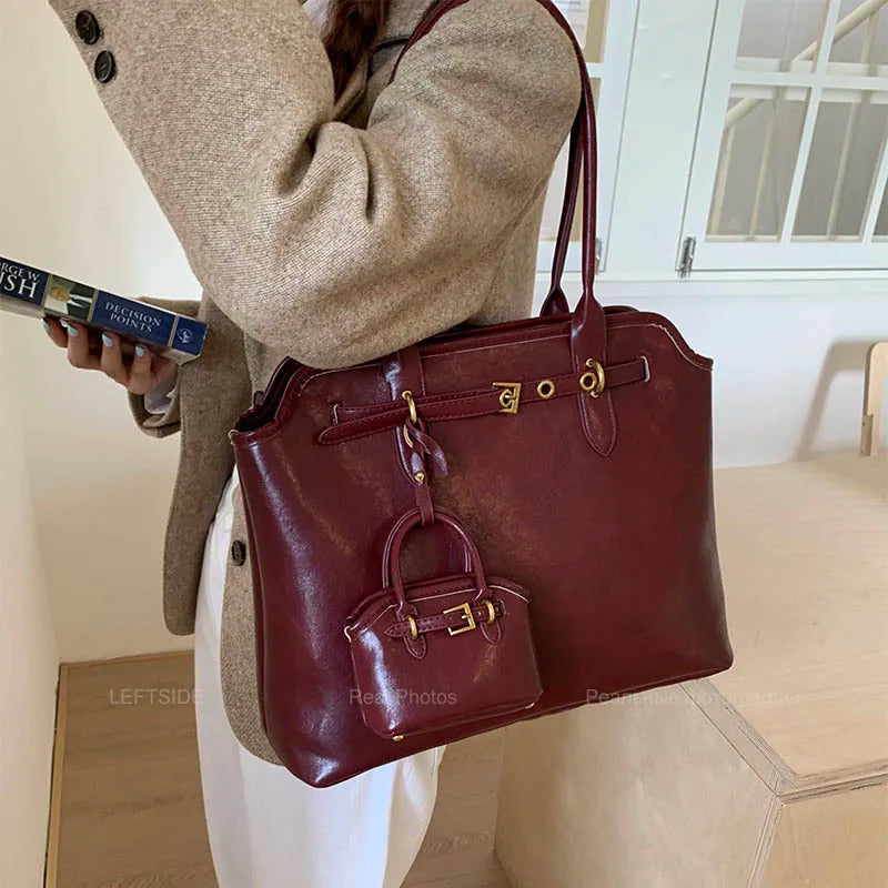 LEFTSIDE Big PU Leather Short Handle Shoulder Bag for Women 2025 Winter Luxury Tote Bag Lady Designer Retro Handbags and Purses