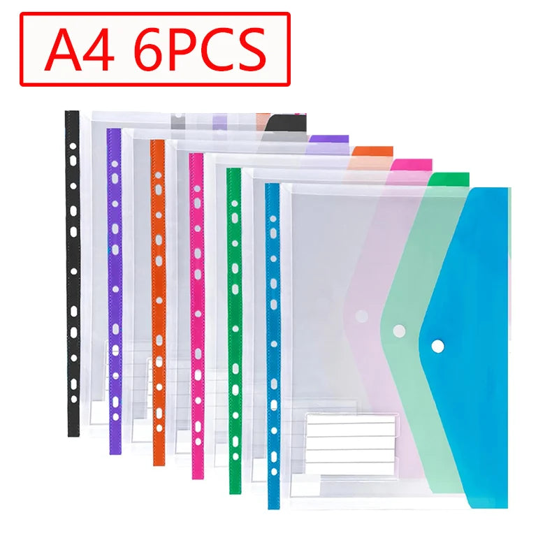 6/12pcs A4 11 Holes Binder Pocket Organizer Folders Transparent File Bag Document Pouch with Button Label for School Home Office