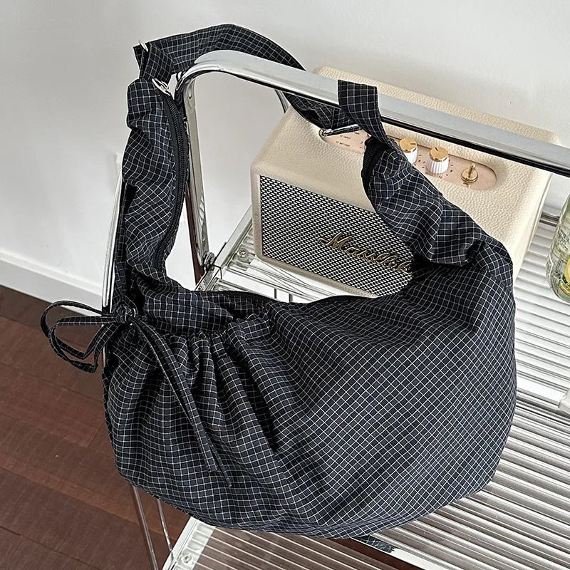 Retro Plaid Hobos Shoulder Bags for Women Drawstring Pocket Nylon Dumpling Bag Large Capacity Portable Travel Messenger Bag