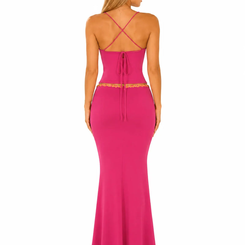 Women 2 Piece Outfit Spaghetti Strap Ruched Cami Top Floral Trim High Waist Mermaid Maxi Skirt Set Summer Beach Vacation Matching Outfits