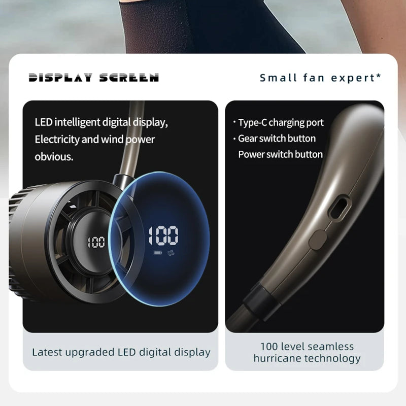 2026 Neck-hanging Small Fan Digital Display Screen Turbo Fan Fast Charging Lightweight Suitable For Indoor Outdoor Sports Use