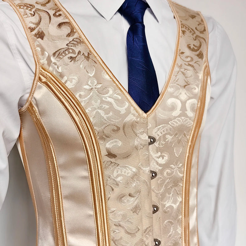 Mens Corset Vest Lace Up Bones Formal Waistcoat Beige Floral Waist Trainer Dress Vest For Wedding Party Tight Tops