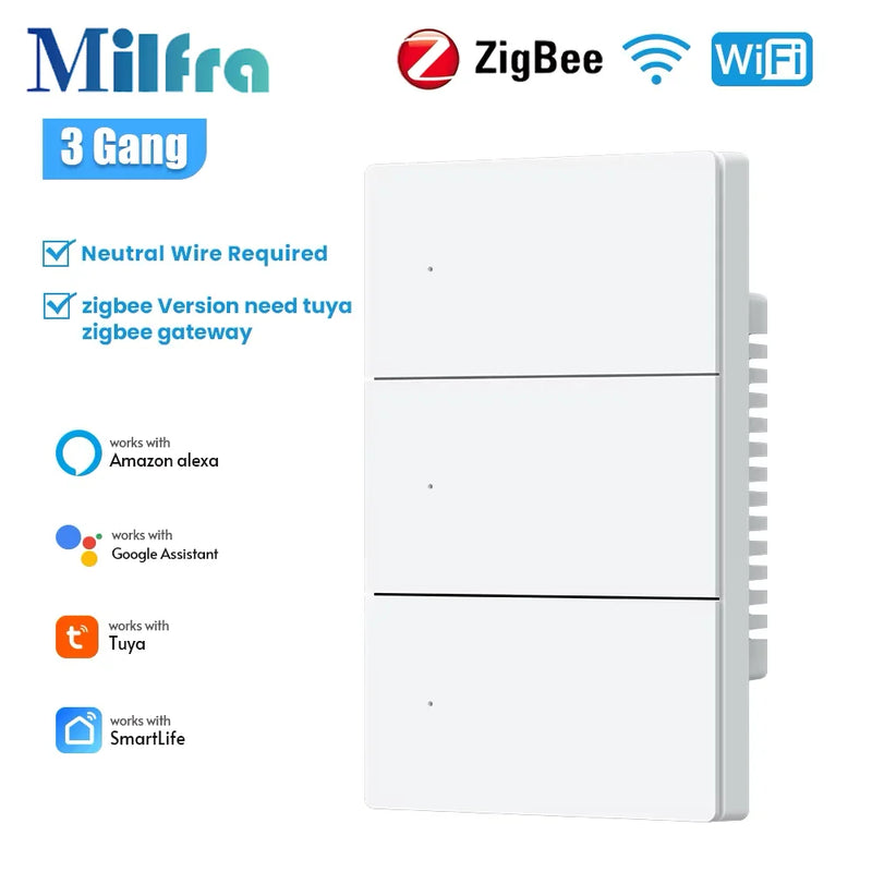 Milfra Zigbee WIFI Light Switch 1/2/3/4/6 Gang Smart Switch Voice Control Work With Alexa Google Home Tuya Control With Neutral
