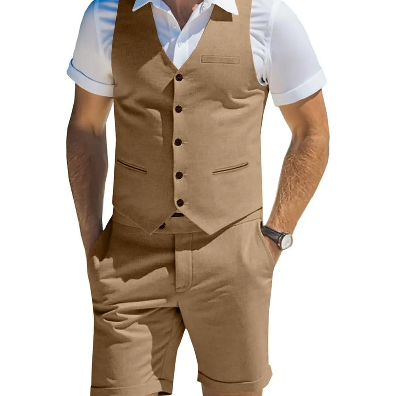Men's Suit Linen 2 Piece Vests Short Pants Suits for Men Casual Summer Beach Groomsmen Wedding Waistcoat Set