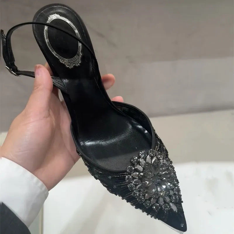 Luxury Diamond Pearls Lace Mesh Women Pumps Elegant Pointed toe Thin High heels Fashion Summer Slingbacks Wedding Party Shoes