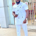 White Kaunda Suit Tuxedo Outfits Summer Short Sleeve Tops Pants with Pockets African Ethnic Casual Clothing Men Tuxedo 2PCS Suit