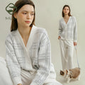 SUJIIN Women 2 Piece Outfits Pajamas Set Autumn Winter Casual Sleepwear Woman Striped Cardigan Tops Trousers Loungewear SH006