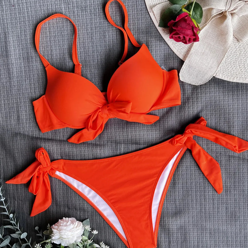 Sexy Front Bow Knot Push Up Bikinis Two Pieces Solid | SAMAG