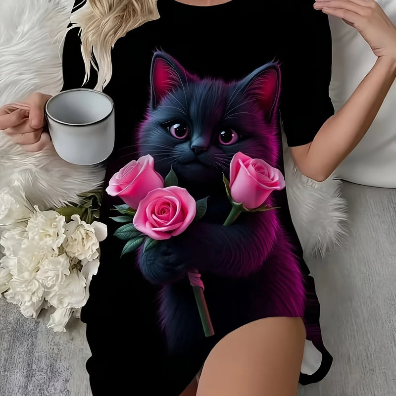 Little Cat in a Crown' Printed Long T-Shirt Short-Sleeved | SAMAG