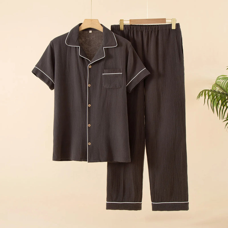 Sleepwear Pajama Male Pajamas Summer Men's Pure Cotton Set Short-sleeved  Long Pants Japanese-style Home Wear Large Size Casual