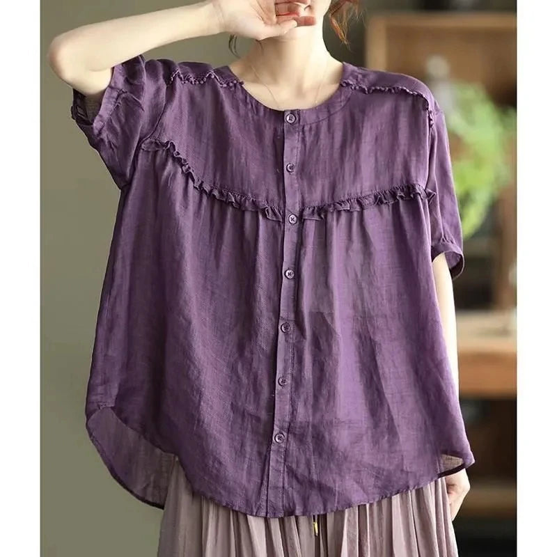 Loose Fit Cotton Linen ort Sve irt Women's Summer Doll irt Single Tail Cargo No Tagging Required round Ne Button up