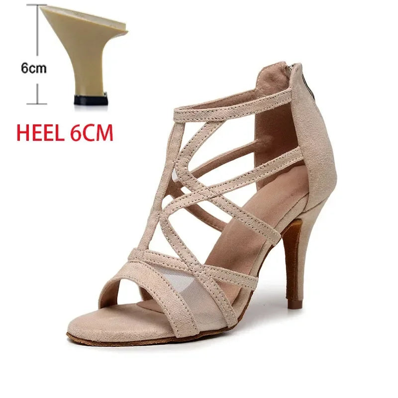 Adult Latin Dance Shoes for Woman Soft Sole Heel Sandal Female Cha Cha Tango Professonal Ballroom Training Stage Boots OEM Heel