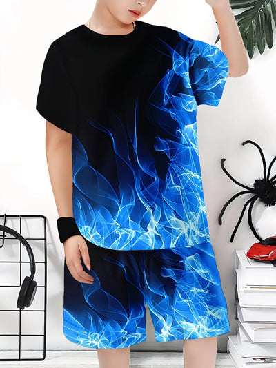 Summer Outfit Blue Flame Print Short Sleeve T - Shirt + Set | SAMAG