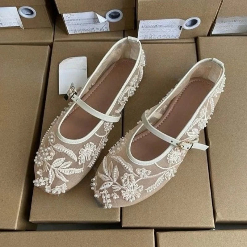 Embroidered Pearl Mesh Women Mary Jane Shoes Casual Summer Breathable Footwear Round Toe Belt Buckle Ballet Style Flats for Lady