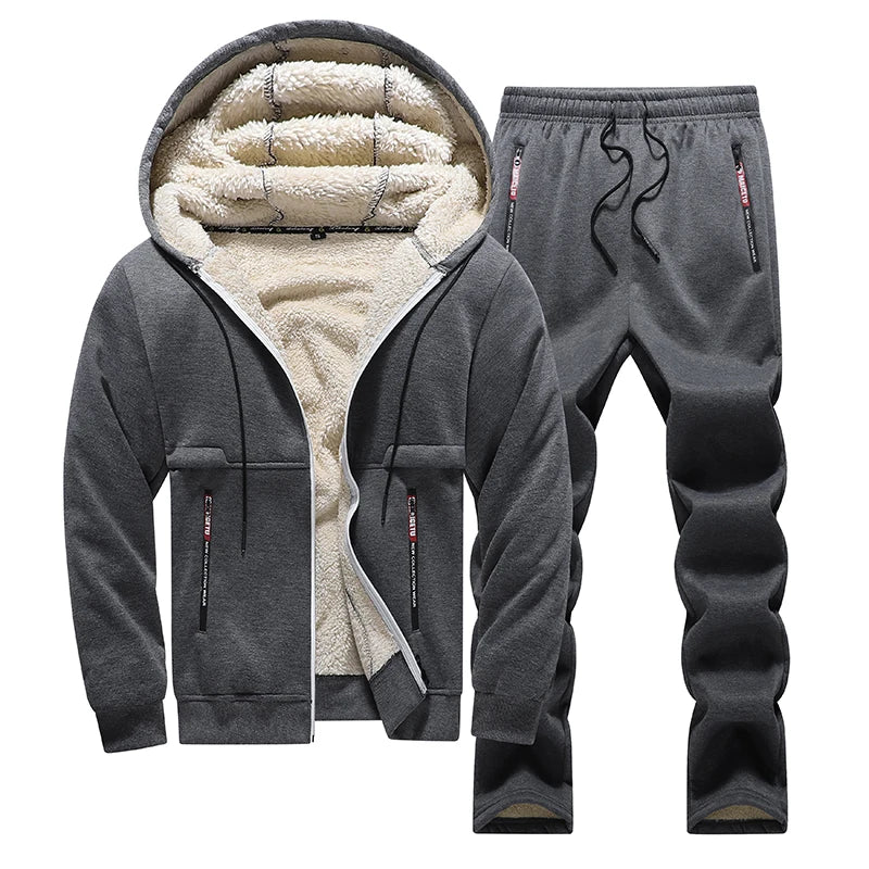 Lamb fleece suit men's hooded jacket thick winter sports cardigan two - piece set hoodie sweatpants m - View 4 | SAMAG
