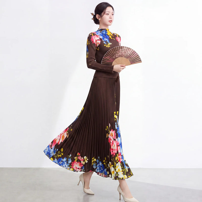 Miyake Flower Print Sets for Women Pleated T-shirt Long Sleeves with A Line Skirts Elegant Clothing 2026 Summer New