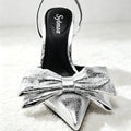 Luxury Silver High Heeled Sandals Women Sexy Pointed Toe Back Strap Thin Heels for Women Elegant Bow Design Banquet Dress Shoes