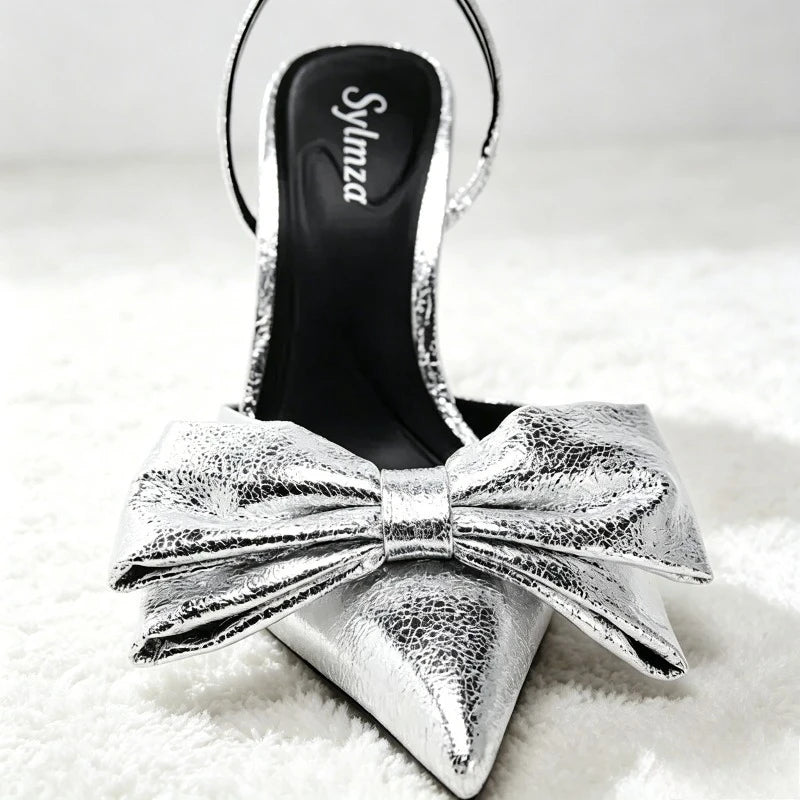 Luxury Silver High Heeled Sandals Women Sexy Pointed Toe Back Strap Thin Heels for Women Elegant Bow Design Banquet Dress Shoes