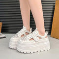 Women White Platform Sneakers Hollow Mesh Lace Up Height Increasing Casual Shoes Soft Thick Sole Daily Walking Sports Footwear