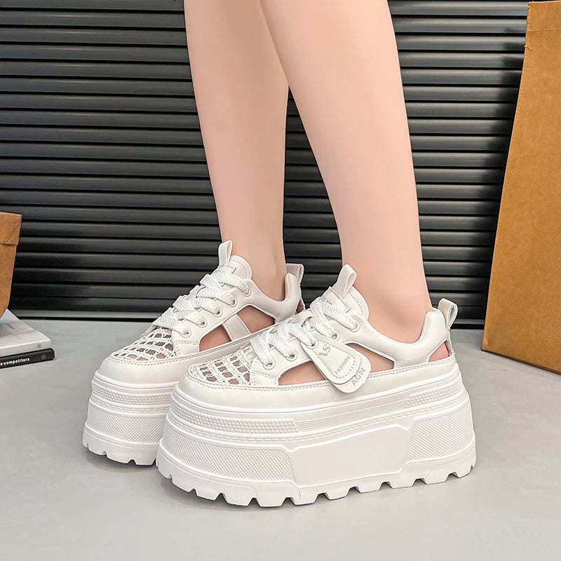 Women White Platform Sneakers Hollow Mesh Lace Up Height Increasing Casual Shoes Soft Thick Sole Daily Walking Sports Footwear