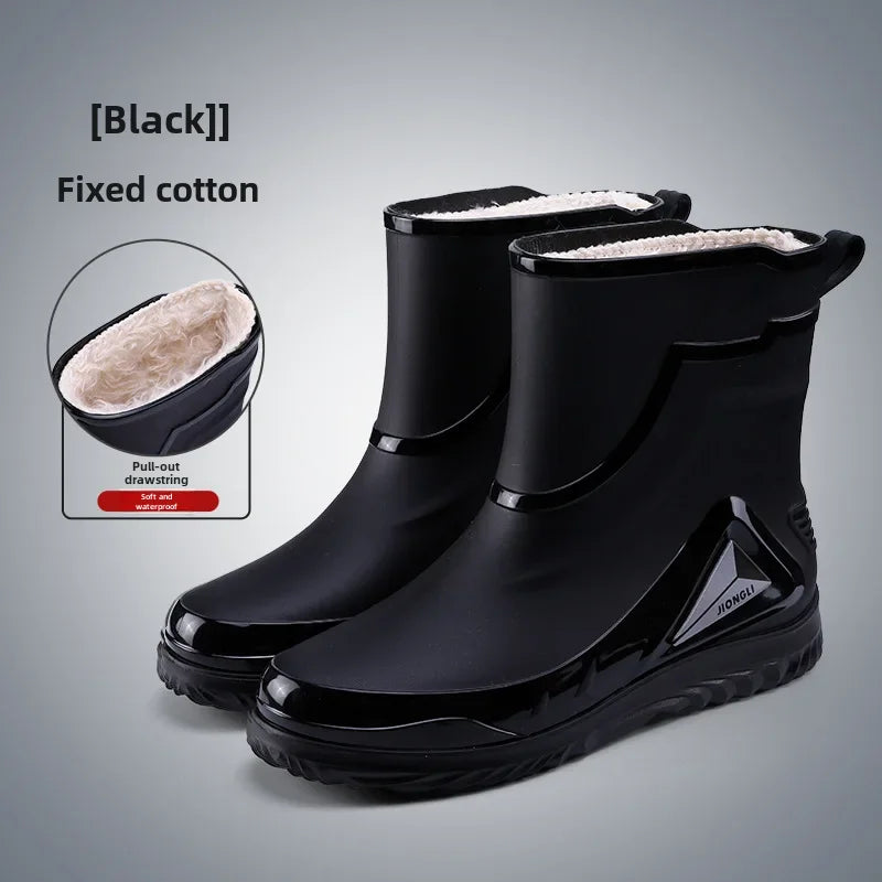 Men's Rain Shoes Fashion Waterproof Men's Rain Shoes Outdoor Non-slip Work Shoes for Men Cotton Warm Rain Boots Kitchen Footwear