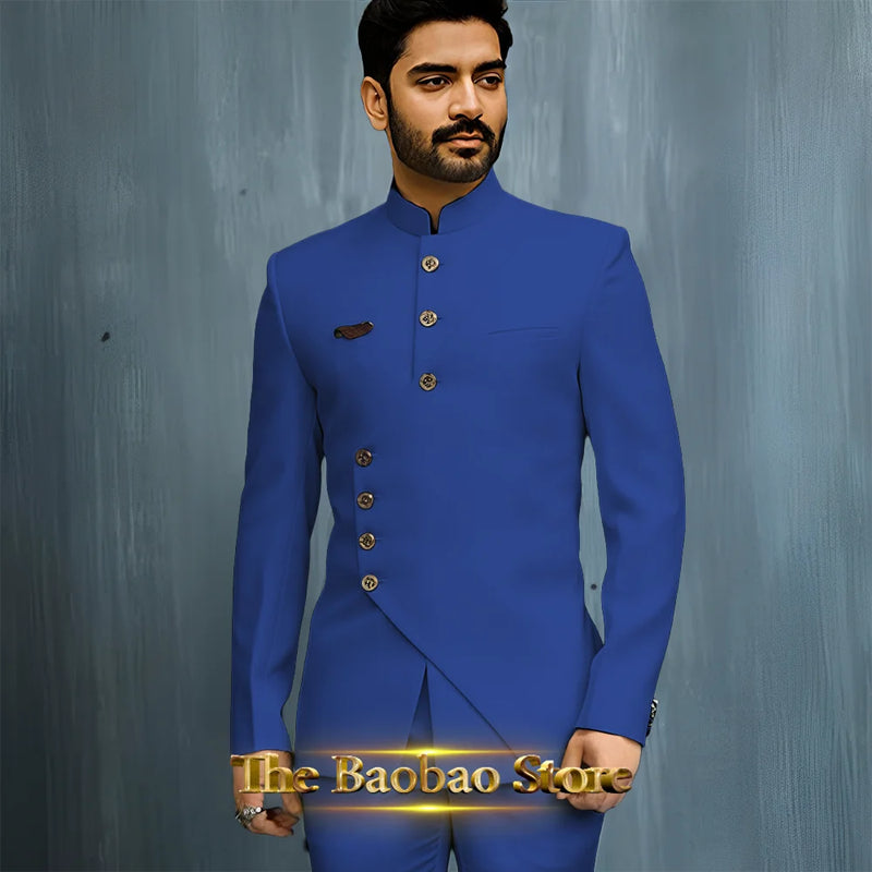Matching Design Men's Suit 2pcs African/Indian Safiri Attire Customized Set with Gold Button for Wedding Party Formal Events